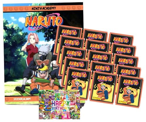 Bundle mit Panini Naruto Sticker - Ninja Academy Sammelsticker (2025) - AUSWAHL + Exklusive Geburtstagskarte (1 Album + 15 Tüten)