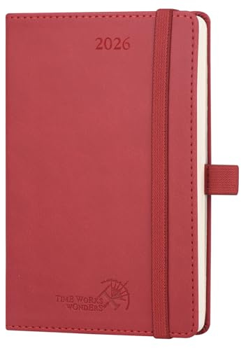 POPRUN Kalender 2026 Klein 16 x 10,5 cm (Jan.2026-Dez.2026) - Taschenkalender 2026 Klein Softcover mit PU-Leder - Terminplaner, Planer 1 Woche 2 Seite mit Stiftschlaufe - Burgunderrot