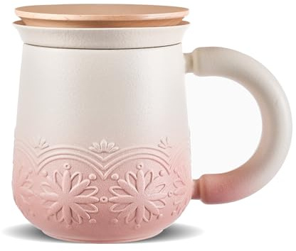 ZENS Tea Infuser Mug with Lid, 330ml Tea Infuser Cup for Loose Leaf Tea | Embossed Ceramic Tea Strainers Cup for Loose Tea Steeping, Wood Handle, Tea Lovers Gifts, Pale Pink