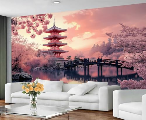 GIVLWF Japanese Wallpaper, Pink Landscape Self Adhesive Wallpaper for Living Room, Cherry Blossom Wall Paper for Bedroom, Floral Wall Mural, Japan Decor Large Mural & Room Decor