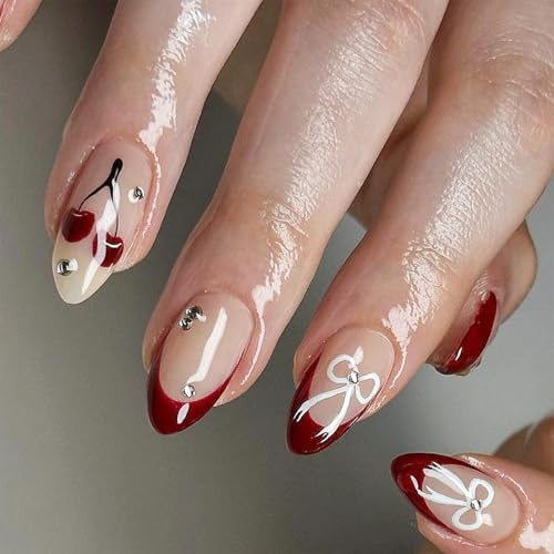 Valentine's Day Nails Press On With Fruit Designs French Styles Fashion Stick On For Parties And Daily Wear Office Wear Nail