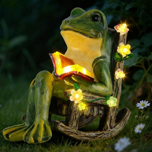 Jxcnkiy Garden Ornaments Outdoor Solar Frog Statues, Christmas Decorations Miniature Frogs Figurine with Waterproof Led Lights, for Patio, Balcony, Yard, Birthday Gifts for Mum, Women, Grandma, Men