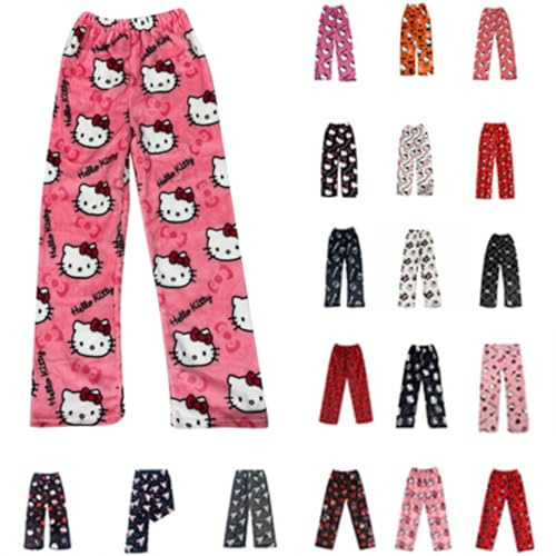 Chnnamzu Pantalon Pyjama Femme Long Flanelle Bas de Pyjamas Polaire Chaud et Doux Confortable Fuzzy Anime Dessin Animé Y2K Kawaii Décontracté pour La Maison Pantalon de Pyjama Pantalons