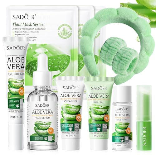 Aloe Vera Hautpflege Set 11 Stück, Aloe Vera Gesichtspflege Set | Hautpflege Reiseset mit Cleanser, Toner, Serum, Skincare set für Teenager Mädchen Frauen