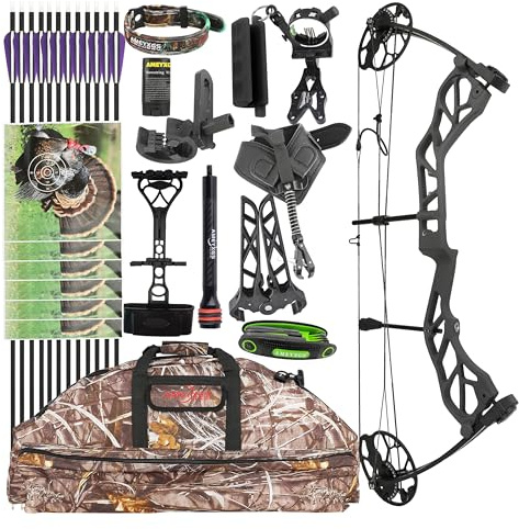 FQH Bogenschießen Jagd Compoundbogen und Carbon Pfeile Set 19-70 lbs Let-Off 75% IBO 320 fps CNC Dual Cam Aluminiumlegierung Riser für Erwachsene Anfänger Rechtshänder