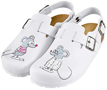 CLINIC DRESS Clog - Clogs Damen bunt weiß Motiv. Schuhe für Krankenschwestern, Ärzte oder Pflegekräfte weiß, Mäuse 40