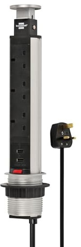Brennenstuhl Tower Power, table power strip 3-way (retractable power strip, 2x USB, 2m cable, completely retractable into table top) silver/black