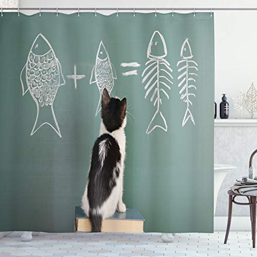 ABAKUHAUS Kätzchen Duschvorhang, Arithmetic Fisch Problem, Stoffliches Gewebe Badezimmerdekorationsset mit Haken, 175 x 200 cm, Grau Teal