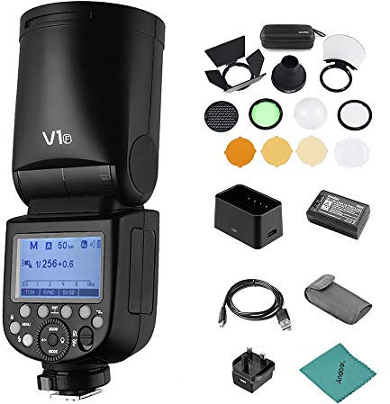GODOX V1F Professional Camera Flash Speedlite Speedlight Round Head Wireless 2.4G Fresnel Zoom for Fujifilm X-Pro2 X-T20 X-T2 X-T1 GFX50S GFX50R Camera + AK-R1 Pocket Flash Light Accessories Kit