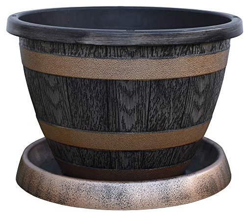 Patio pot with saucer for Plants Wooden Barrel Effect design Made of durable garden plastic 39cm Pot and Saucer by Thompson and Morgan (1)