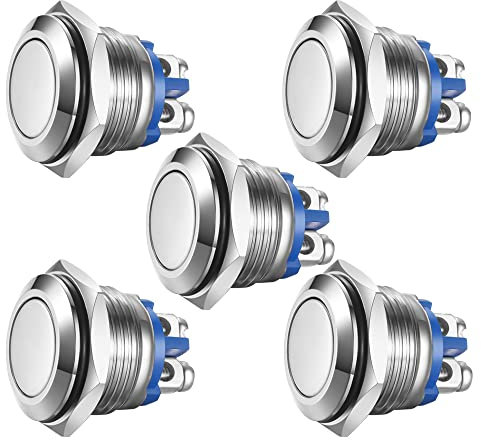 Gebildet 5pcs Pulsador Momentáneo,Terminales de Tipo Tornillo, Botón de Metal de Acero Inoxidable a Prueba de Agua 16mm 2A 12V/24V/125V/250V(Cabeza Plana)