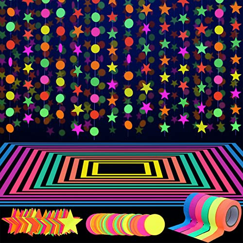 Neon-Partyzubehör-Set, 38,7 m, 6 Farben, 30 m, UV-Schwarzlicht-reaktives Klebeband, 8,8 m, Neon-Papiergirlanden, Kreise, Punkte, Sterne, hängende Dekorationen für Geburtstag, Hochzeit, leuchtende