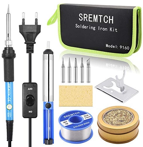 Saldatore Kit, SREMTCH 60W Saldatore a Stagno con Interruttore ON/OFF, Temperatura Regolabile 200℃~450℃, 5 Punte di Saldatura,Pompa Dissaldante,Saldatura 50g,Mini Supporto, Spugna, Borsa PU