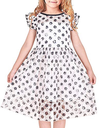 Sunny Fashion Robe Fille Dentelle Noir Point Plissé Manche Partie Été Robe d'été 5 Ans