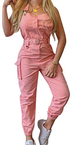 ORANDESIGNE Damen Latzhose Arbeitshose Lange Hose Overall Jumpsuit Playsuit Sommer Einfarbig Spielanzug Rompers Rosa S