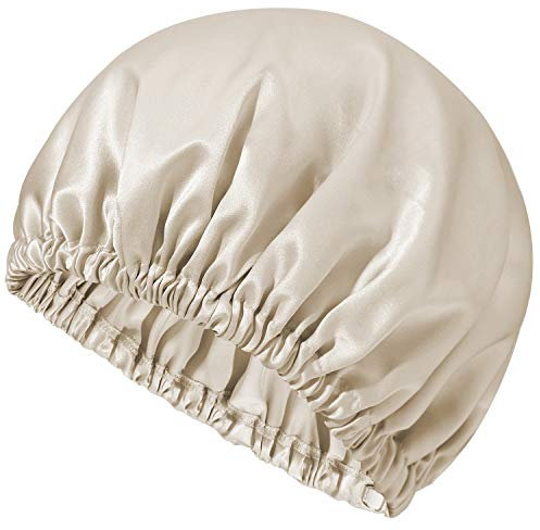 Mommesilk 22 Momme Seide Schlafmütze Haarhaube Kopfbedeckung Schlafkappe elastische Maulbeerseide Nachtmütze Schlafhaube für Locken Hell Kaffee