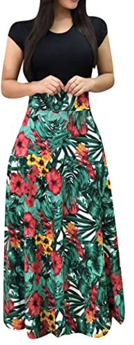 OMZIN Damen Kurzarm Casual Loose Plain Maxikleider Casual Long Slim Kleider Palm Leaves XXL