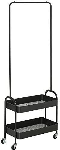 HOMCOM Metal Clothes Rack with Shoe Storage, Clothing Rail on Wheels, Freestanding Hall Tree, Coat Stand with 2 Storage Shelf, Black