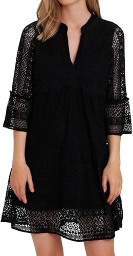VERO MODA Damen Mini-Kleid Tunika aus Häkelspitze VMHoney Lace 3/4 Arm V-Neck 10275875 Black M