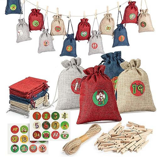 Adventskalender zum Befüllen, 24 Gedruckte Weihnachtskalender Zum Befüllen 10 x 14CM, Weihnachtskalender Stoffsäckchen zum Selberfüllen, Adventskalender Selber Befüllen, Adventskalender 2023 Kinder
