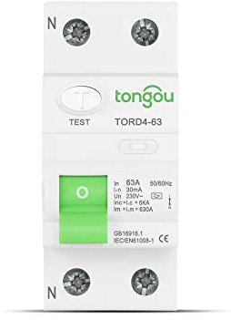 TONGOU Type A Disjoncteur Différentiel 63A 30mA 230V 1P+N, convient aux maisons familiales, aux petits bâtiments commerciaux et à d'autres scénarios