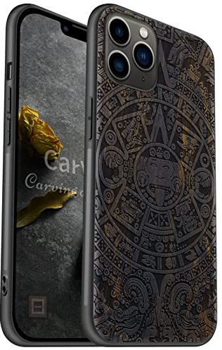 Carveit Coque Compatible avec iPhone 11 Pro - Étui en Bois Rigide Antichoc avec Cadre en TPU - Protection pour 11 Pro (Bois Sombre-Calendrier Maya)