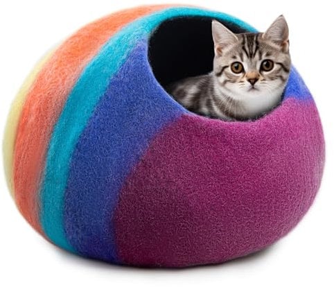 Woolygon - Katzenhöhle aus Wolle, handgefertigt aus 100% Merinowolle, umweltfreundliche Filz-Katzenhöhle für Indoor-Katzen und Kätzchen (Rainbow Twist)
