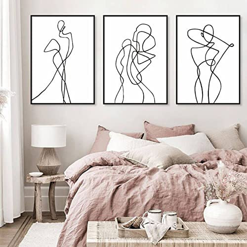 3 Bilder, abstrakte Linie, skandinavische Leinwand, Wanddekoration, Bilder, schwarz, weiß, minimalistisch, modern, Damen, Wohnzimmer, Flur, Drucke auf Leinwand ohne Rahmen (50 x 70 cm)