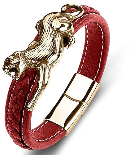 LIRU Armband Damen,Lederarmbänder Für Männer Black Panther Form Geflochtenes Lederarmband Goldene Modeaccessoires Schnalle Rotes Lederarmband Charm Schmuck Für Frauen Männer Geschenk 165Mm