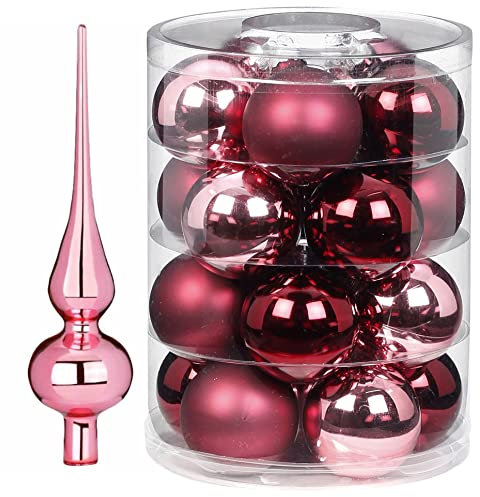 Weihnachtsbaumschmuck Set | 20 Weihnachtskugeln 6cm & Christbaumspitze 26cm | Christbaumschmuck aus Glas (Berry Kiss | weinrot Rose)