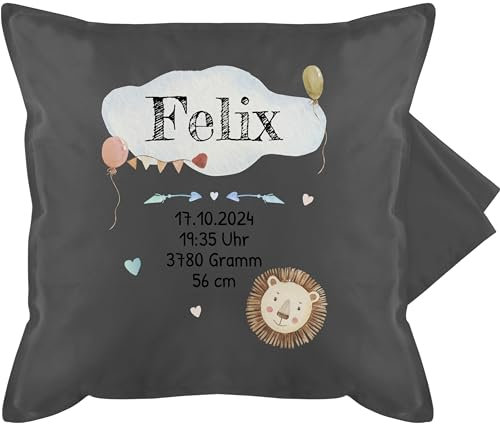 Kissenbezug - Geburtsgeschenk Baby Geschenk zur Geburt Junge Löwe - 50 x 50 cm - Grau - Kissen neugeborenen Geschenke Neugeborene neugeboren Name kissenhülle personalisiertes geburtskissen