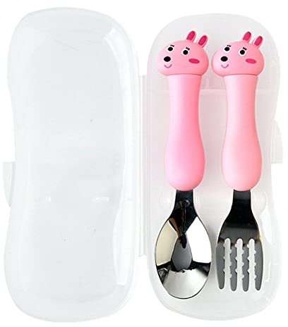 Hrippy Enfant en Bas âge Fourchette cuillère Ensemble en Acier Inoxydable Lapin Motif Enfants Couverts PP ustensiles avec étui pour Enfants dîner gâteau