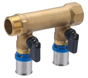 Collettore maschio-femmina 3/4 con 2 uscite multistrato a pressare Ø20 e valvole | Ottone | Connessione sicura e durevole | Facile da installare | Ideale per idraulica | QUICK PLOMBERIE