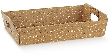 Cestino contenitore 35x26x7 cm Cesto VASSOIO per BOMBONIERE | ideale per confezionare cesti natalizi oggettistica o esposizione (Beige con stelle)
