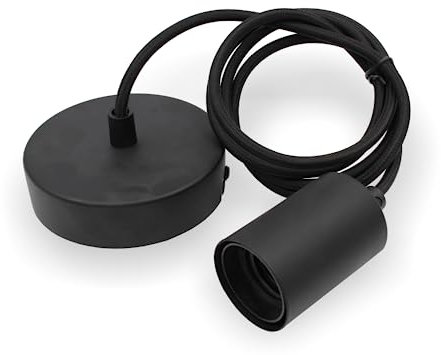 Schnurpendel, Pendelleuchte mit Textilkabel, Metall Baldachin und E27 Fassung | Weiß | Kabellänge 2000mm (Schwarz)