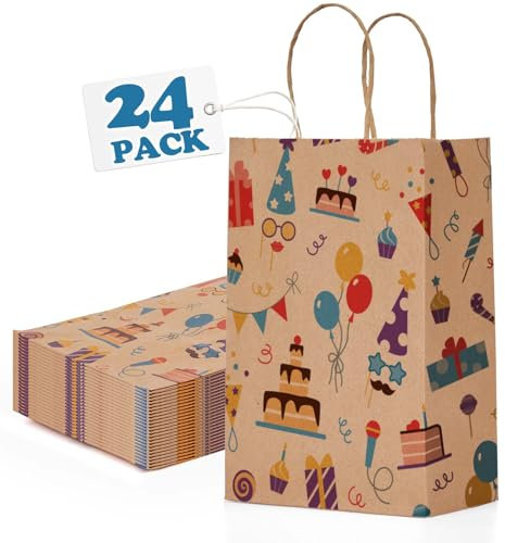Switory Geschenktüten 24 Stück Party Papiertüten, Braun Klein Papiertüten mit Henkel zum Mitgebsel Geburtstag, Kindergeburtstag, Geschenken, Party 15x8x21CM