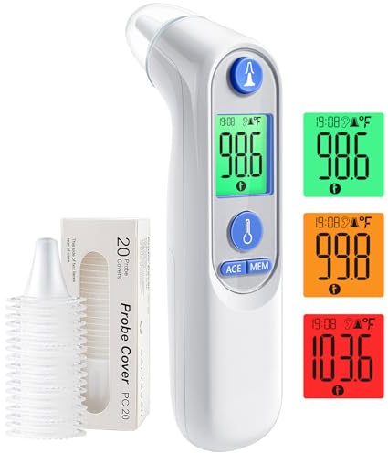 Ear Thermometer, Digital Ear Thermometer for Kids and Adults, High Accuracy Baby Thermometer with 1s Result, 3-Color Dispaly, 30 Memory Recall, with 21 Disposable Probe Covers