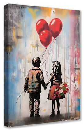 Tucocoo Room Wall Pictures Banksy Street Red Balloon Paintings 1 Piece Canvas Pop Art Little Girl and Boy Modern Artwork Home Decor for Living Room Framed Gallery-wrapped Ready to Hang 40 x 60 cm