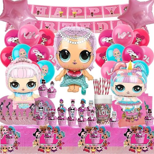 Surprise 127 Piece Decoration Set for 20 Guests, LOL Decoration with Birthday Girl Theme, Includes Balloons, Plates, Cups, Tablecloth, Banner, Perfect for Birthday Parties