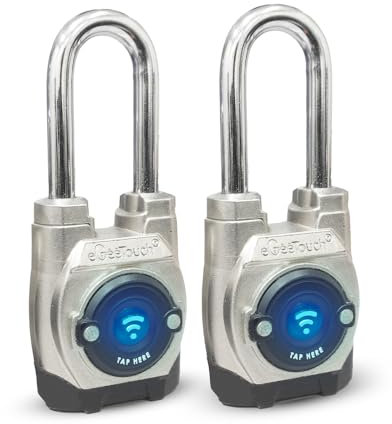 eGeeTouch Cadenas intelligent d'extérieur de 5e génération – (lot de 2, anse longue) sans clé, Bluetooth et NFC, sécurité résistante aux intempéries pour portails, abris de jardin et vélos – Contrôle