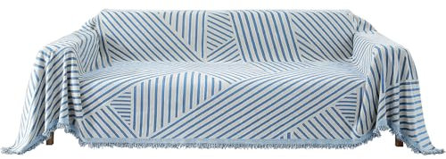 YSTELLAA Sofa Überwurfdecke 4 Sitzer, 180×380cm, Chenille AB Seiten Sofaüberwurf, Sofa Decken Überwurf Universal, Vier Jahreszeiten Sofabezug, Couch Überzug Mit Quaste, Blau-Line