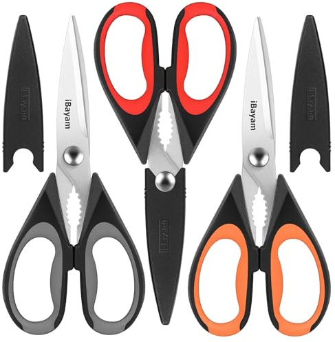 iBayam 3-Pack 8.5Kitchen Scissors All Purpose Heavy Duty with Protective Sheath, Soft Grip Comfort Handle, Dishwasher Safe Kitchen Utensils Gadgets Set, Stainless Cooking Meat Poultry Food Shears
