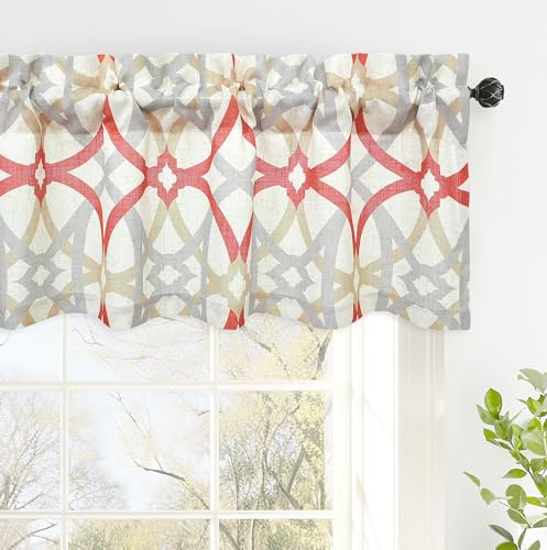 DriftAway Linen Textured Window Valance for Kitchen Bathroom Bedroom Living Room Kitchen Windows Basement Blinds Rod Pocket Semi Sheer 52x14 Plus 1.75 Inches Header 1 Panel Trellis Red