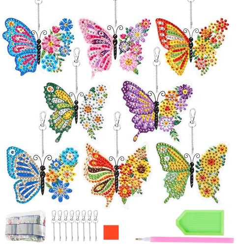 WEDNOK 8 Stück Schmetterling Diamant Malerei Bastelset Kinder Blumen Sonnenfänger Anhänger Kristall Suncatcher Deko zum Basteln für Fenster Muttertag Mutter Frühling Sommer