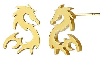 BlackAmazement 316L Edelstahl Ohrstecker Ohrringe Drache Dragon gold silber schwarz Damen Herren (Gold)