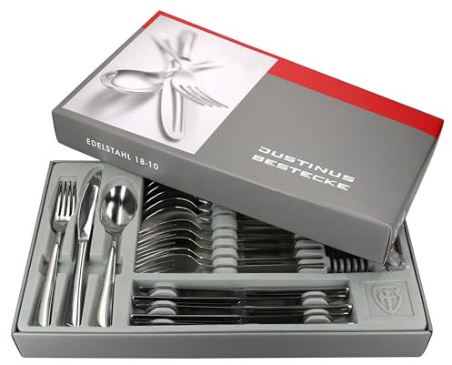 Justinus Twist 300tlg Komplett-Besteck-Set I für 60 Personen I mit geschwungenem Griff I aus rostfreiem poliertem 18/10 Edelstahl & Klingenstahl I Gabel, Messer & Löffel I für Gastro & Zuhause