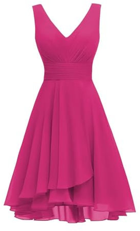 KURFACE Vestido corto con cuello en V doble para mujer, vestido de cóctel formal fruncido para fiesta WSX500, fucsia, 40