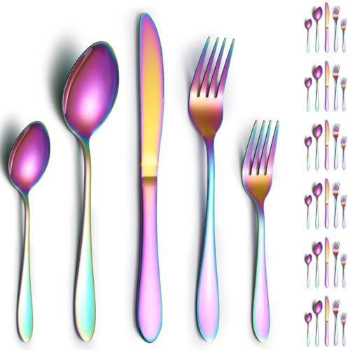 ReaNea set di posate in titanio arcobaleno in acciaio inossidabile include coltelli da tavola, cucchiai da tavola, forchette da tavola, cucchiaini, forchette da insalata