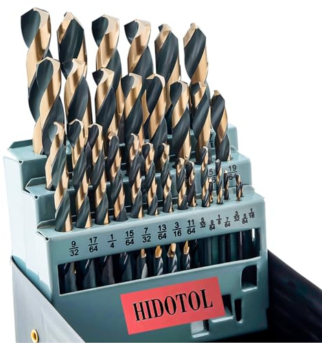 HIDOTOL Bohrer-Set, 29-teilig, 135-Grad-Spitze, Hochgeschwindigkeitsstahl mit schwarzem und goldfarbenem Finish, Edelstahl, Kunststoff und Holz, mit Metall-Indexierbox, 0,2 cm - 1,3 cm