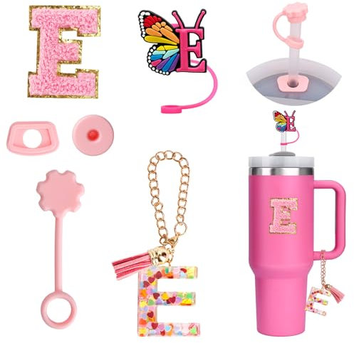 6PCS Accessori personalizzati per Stanley Cup, Decorazioni con iniziali per tumbler Stanley, Adesivo con lettera per Stanley Cup, Ciondolo con lettera,Cappuccio di copertura per cannuccia e tappo (E)